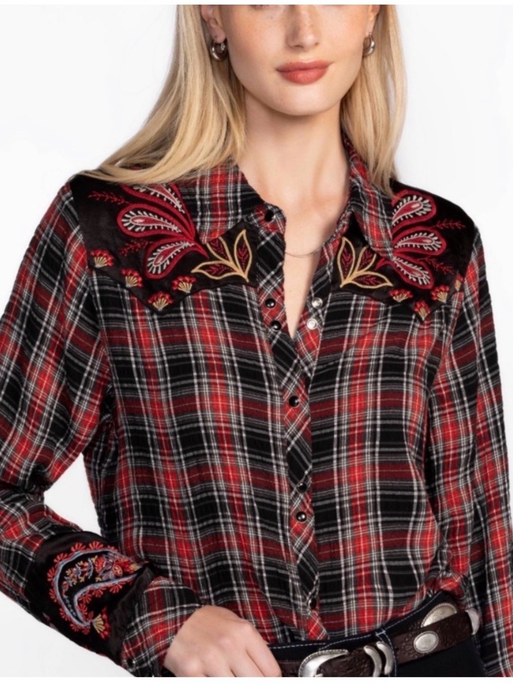 Johnny Was Red Black Plaid Embroidered Western Button-Down Shirt